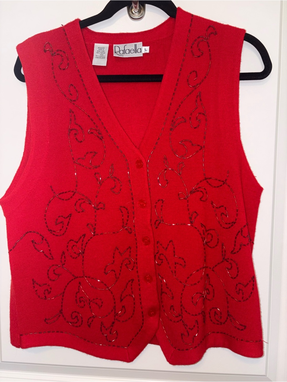 Rafaella Red Sequin-Embellished V-Neck Button Front Vest